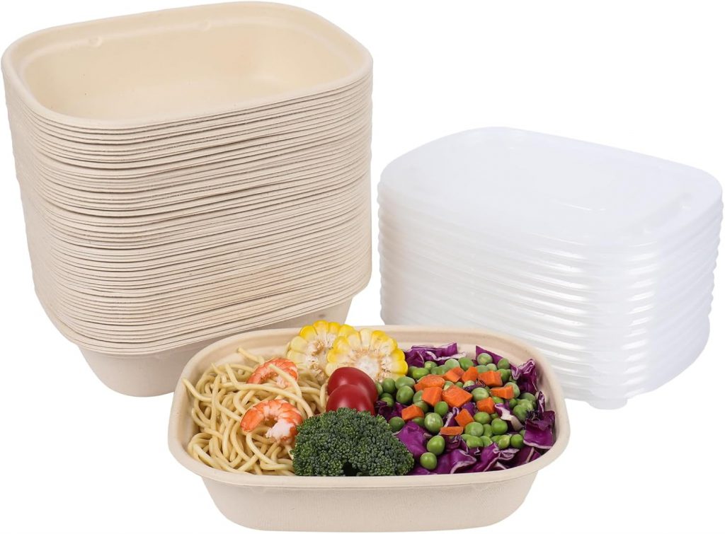 35 oz Square Bagasse Bowl with Clear Hinged Dome Lid – Compostable Salad & Grain Box