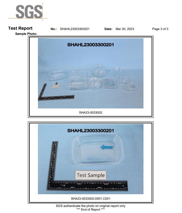 FDA test report for a compostable container