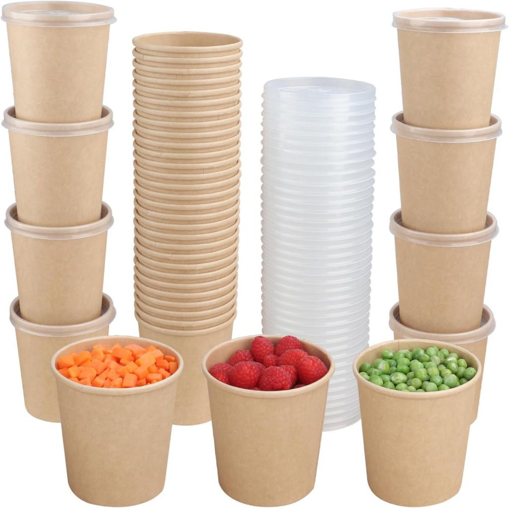 16 Oz Round Kraft Paper Bowl – Single Portion Deli Side Container With Clear PET Lid