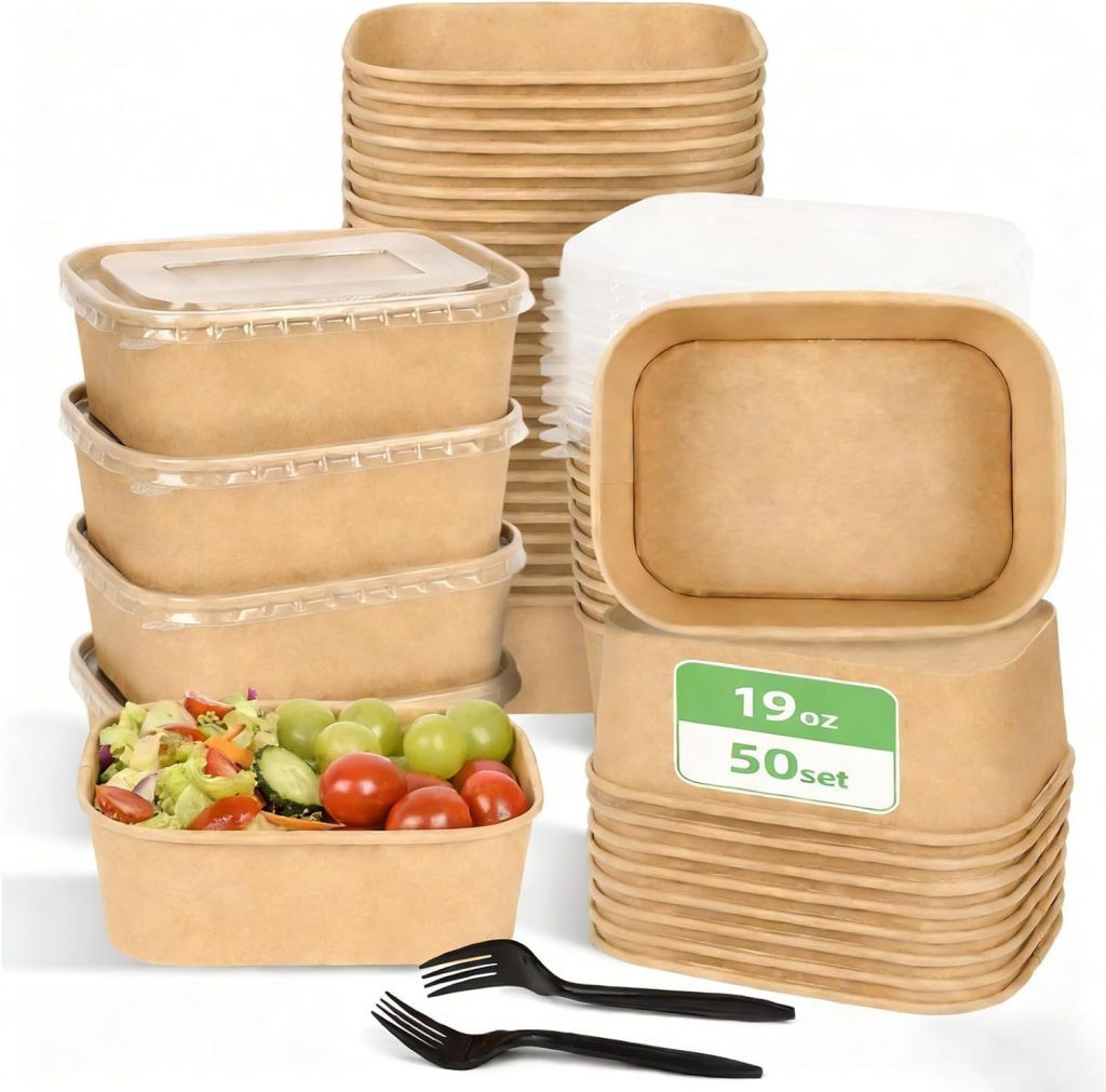 19 Oz Rectangular Kraft Paper Container – Slim Salad And Grain Bowl With Clear PET Lid