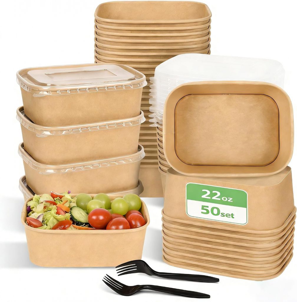22 Oz Rectangular Kraft Paper Container – Wide Mouth Bento Lunch Box With Clear Snap Lid