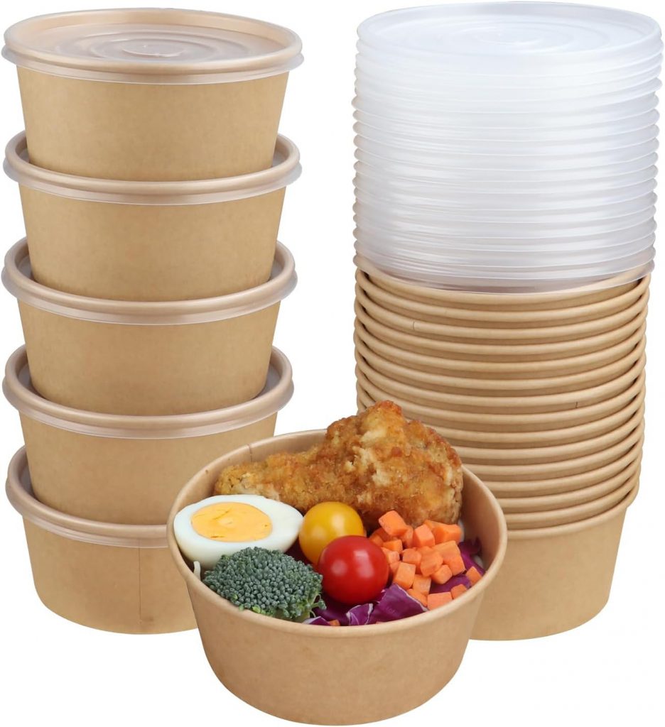24 Oz Round Kraft Paper Bowl – Deep Hot Food And Ramen Container With Ventless Clear Lid