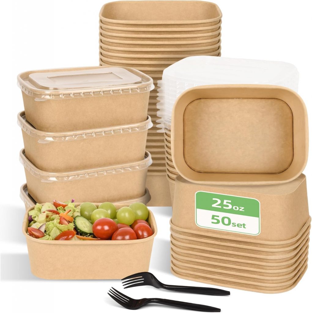 25 Oz Square Kraft Paper Container – Corner-Fill Meal Prep Box With Clear PET Lid