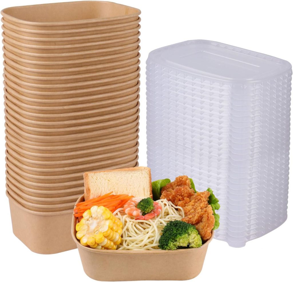 28 Oz Rectangular Kraft Paper Container – Long Format Noodle And Rice Bento With Clear Lid