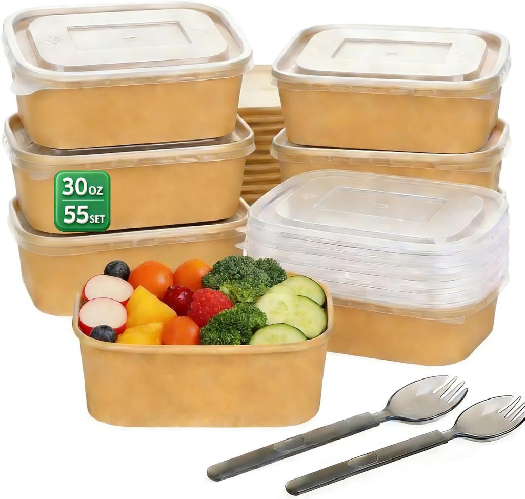 30 Oz Rectangular Kraft Paper Container – Cutlery Ready Salad Box With Clear PET Lid
