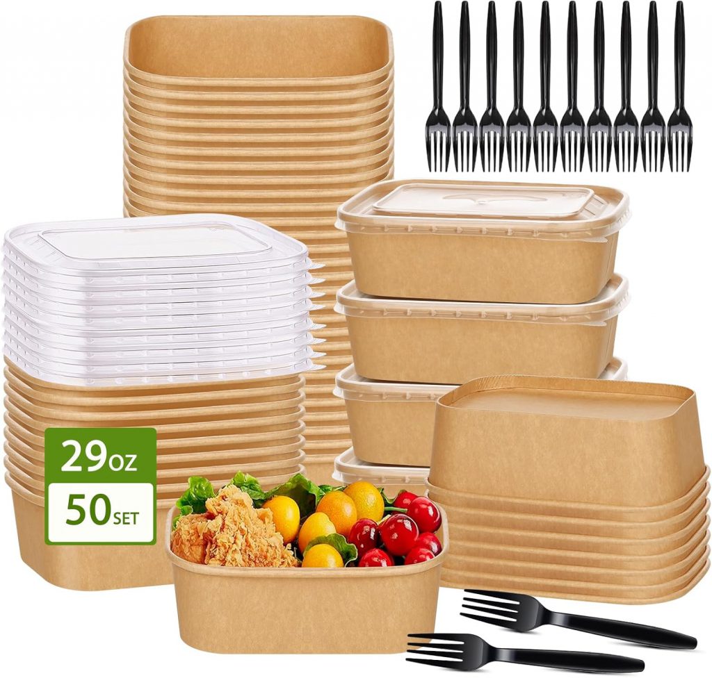 31 Oz Rectangular Kraft Paper Container – Combo Meal Box With Fork Pack And Clear Lid