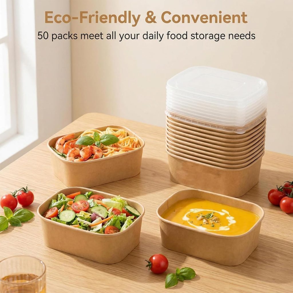 32.5 Oz Rectangular Kraft Paper Container – Sauce Safe Hot Meal Box With Clear Lid