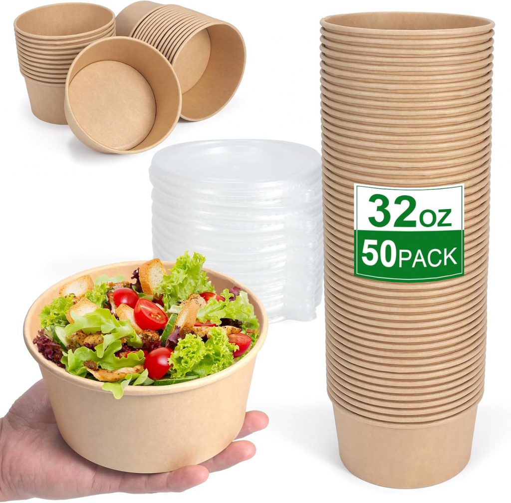 32 Oz Round Kraft Paper Bowl – Bulk Deli Serving Bowl With Snap Rim Clear Lid
