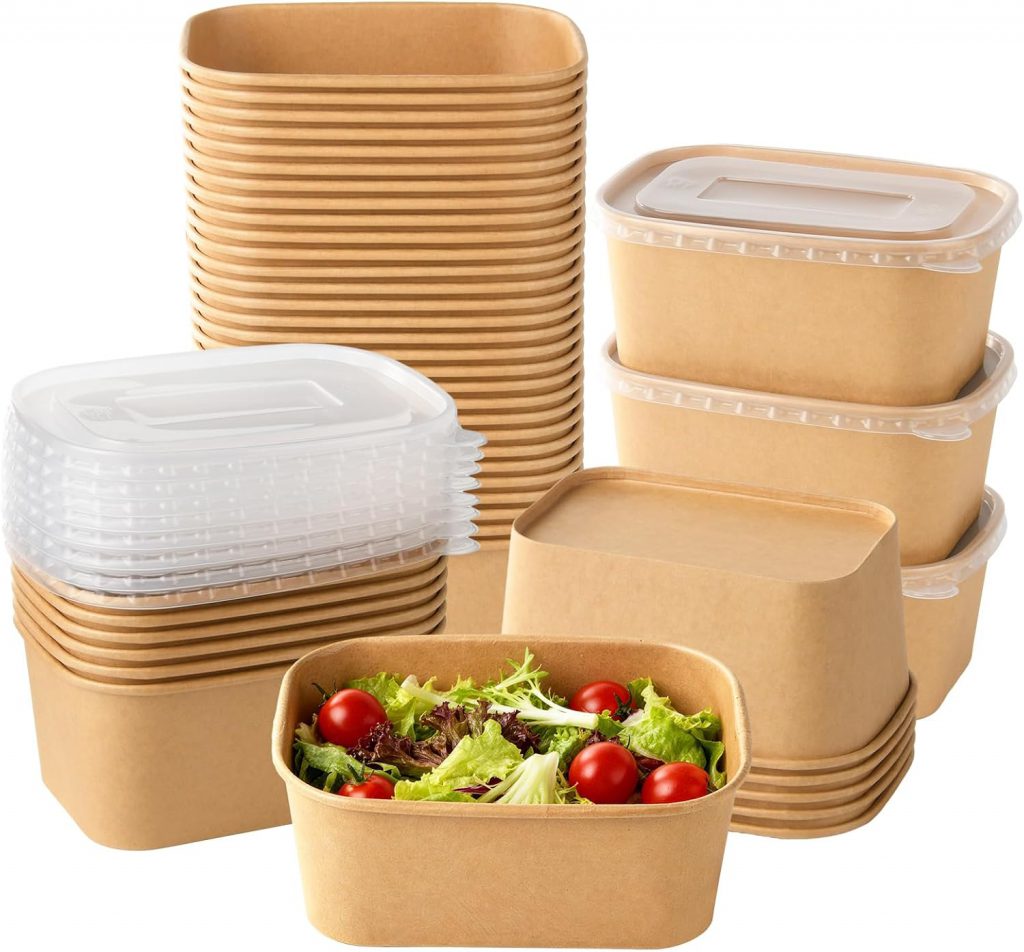 32 Oz Square Kraft Paper Container – Flat Bottom Takeaway Bowl With Leak Resistant Clear Lid