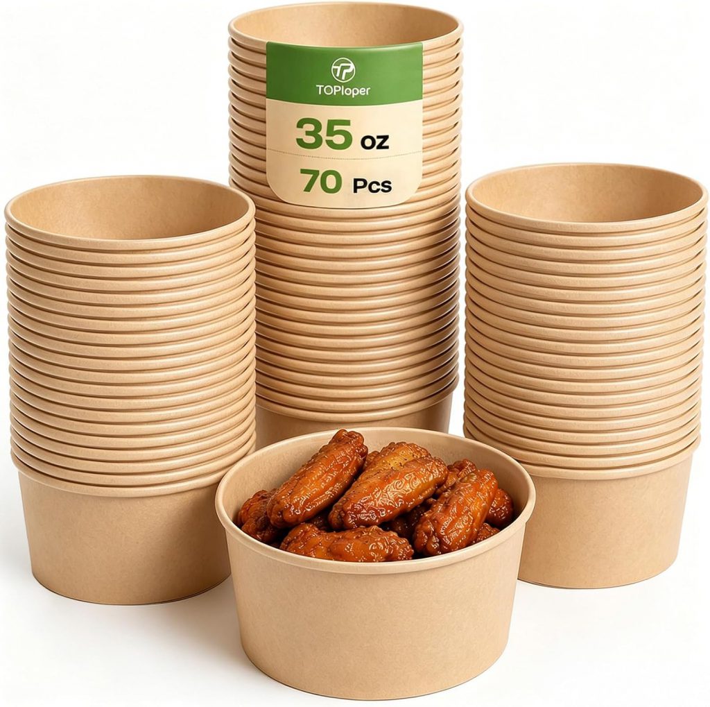 35.5 Oz Round Kraft Paper Bowl – Deep Soup And Stew Container With Leak Resistant Lid
