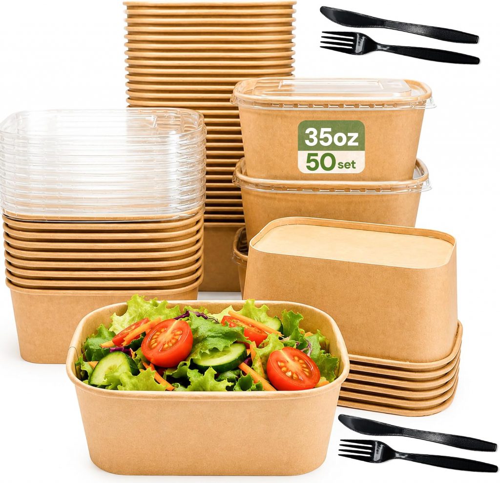 35.5 Oz Square Kraft Paper Container – Grill And Sides Combo Box With Heavy Clear Lid
