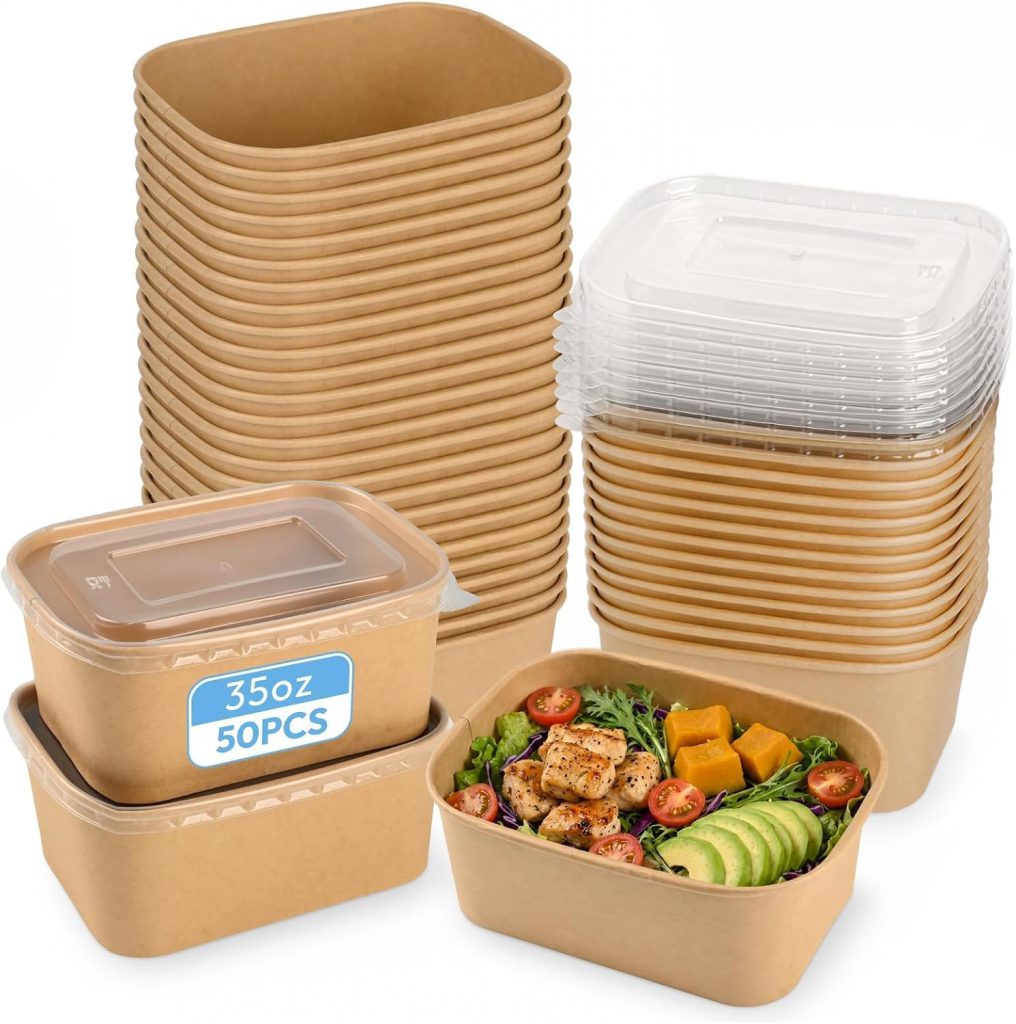 35 Oz Rectangular Kraft Paper Container – Large Grain And Protein Prep Box With Clear Lid