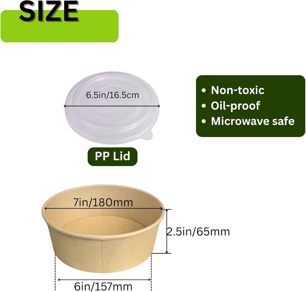 40 Oz Round Kraft Paper Bowl – Seven Inch Wide Family Bowl With Microwave Safe PP Lid